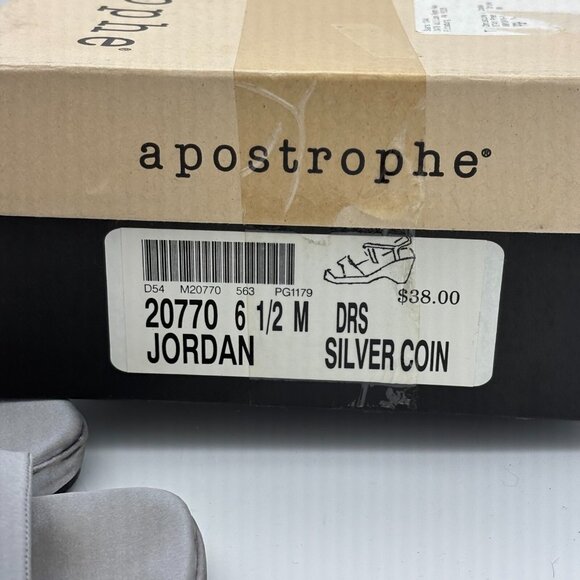 Vintage Apostrophe Heels Metallic Silver Open Toe Sandals Block Buckle 1990s 6.5 - Picture 7 of 8